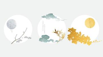 fundo japonês com ouro e vetor de textura azul. ramo de flores de cerejeira, bambu e decorações de nuvens chinesas em estilo vintage. ícone da paisagem de arte e design de logotipo.