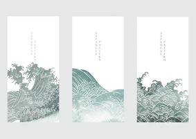 fundo japonês com vetor de textura de pintura de textura em aquarela. padrão de onda natural oriental com design de banner de decoração de mar oceano em estilo vintage.
