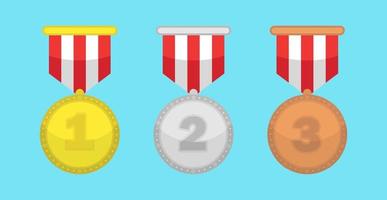 conjunto de medalha com fita, medalha de ouro, medalha de prata e conquista de medalha de bronze, ilustração plana vetor
