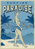 poster vintage com garota surfando pin up na praia vetor