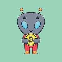 alienígena fofo segurando bitcoin cartoon mascote doodle arte mão desenhada contorno conceito vetor ilustração ícone kawaii