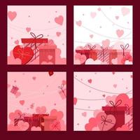 defina 4 dia dos namorados quadrados diferentes em fundo rosa com ícone de corações e presentes. para feed, banner, pôster, cabeçalho e modelo de voucher ilustrações vetoriais eps10