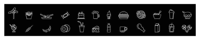 conjunto de ícones vetoriais de linha de comida rápida, bebidas e mantimentos, produtos alimentícios.formulário em fundo preto vetor