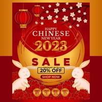 venda feliz ano novo chinês 2023, ano do coelho, conceito de ano novo lunar com lanterna ou lâmpada, ornamento e fundo de ouro vermelho para venda, banner, pôsteres, modelos de design, feed de mídia social vetor