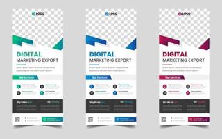 negócios corporativos de marketing digital arregaçar banner ou modelo de design de banner de suporte com cor azul, verde e vermelho. cartão de rack moderno de negócios corporativos de marketing digital e modelo de design de folheto dl. vetor