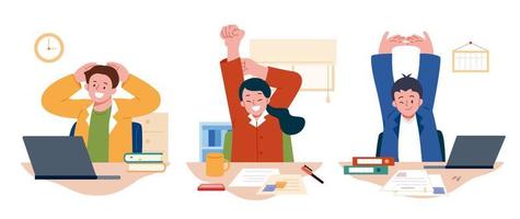 funcionários que trabalham em casa ou no escritório se alongam e fazem pequenos exercícios no local de trabalho para descansar e relaxar. vetor de estilo plano de trabalhadores de escritório fazendo uma pausa no trabalho e alongamento.