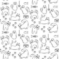 ícones de vetor de gato bonito dos desenhos animados, padrão perfeito e plano de fundo