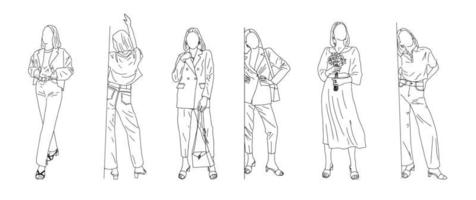 as meninas mostram diferentes estilos de roupas - estilo linear. ilustração vetorial. vetor