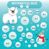 labirinto de matemática. minijogos para crianças, escola, preparação para a escola. coleção de inverno. animais árticos do polo sul. o urso polar rola bolas de neve e constrói um boneco de neve vetor