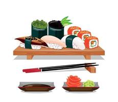 comida asiática. conjunto de sushi, pãezinhos, guanas e nigiri em uma placa de madeira com molho vetor