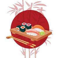 conjunto de sushi em uma placa de madeira com molho. fundo branco com bambu e sol vetor