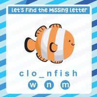 planilha de letras perdidas. complete as letras para o nome do animal marinho em inglês. jogo educacional para crianças. planilha imprimível para pré-escola. prática da escrita. arquivo vetorial. vetor