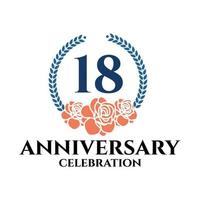 logotipo do 18º aniversário com rosa e coroa de louros, modelo vetorial para comemoração de aniversário. vetor