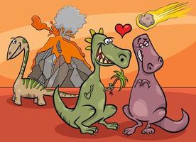 dinossauros dos desenhos animados apaixonados durante o desastre de queda de meteorito vetor
