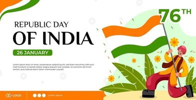 modelo de banner horizontal de celebração do dia da república. homem indiano acenando ilustração de bandeira vetor