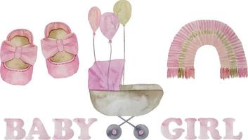 carrinho de bebê rosa aquarela com ilustração de balões, arco-íris boho rosa e sapatos. é um conjunto de menina vetor