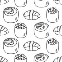 padrão de sushi japonês em estilo doodle. comida asiática para menu de restaurantes vetor