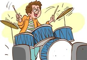 ilustração em vetor de desenho animado de menino baterista