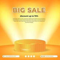 promoção especial grande desconto de venda oferta banner de panfleto de promoção com exibição de produto de estágio de pódio de cilindro branco com fundo amarelo vetor