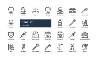 dentista médico dentista hospital saúde clínica conjunto de ícones de contorno de linha detalhada vetor