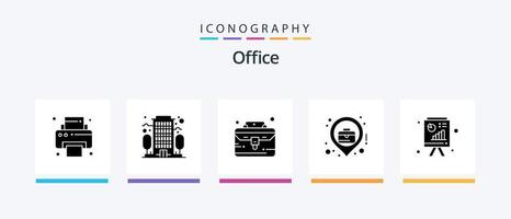 Pacote de ícones Office Glyph 5, incluindo relatório de negócios. quadro-negro. portfólio. análise. mapa. design de ícones criativos vetor