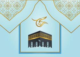 bandeira hajj mínima e borda islâmica de ouro com mesquita kabba vetor