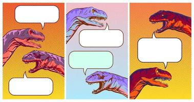 conjunto de fundos verticais com dinossauros falantes em estilo cômico, ilustração engraçada do diálogo de mídia social. clipart de vetores