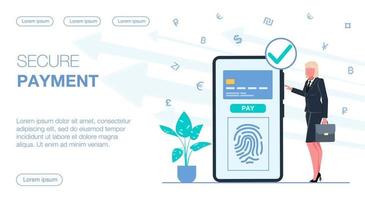 a empresária realiza o pagamento seguro do telefone com ilustração vetorial plana de cartão e impressão digital vetor