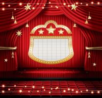 cortina de palco vermelha com assentos e holofotes. ilustração vetorial. cena de teatro, ópera ou cinema. luz em um assoalho.