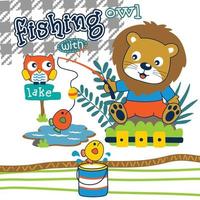 leão está pescando no lago cartoon animal engraçado vetor
