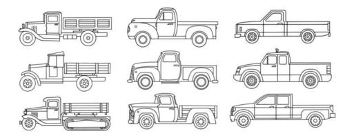 conjunto de caminhões antigos. desenho linear para colorir. ilustração vetorial vetor