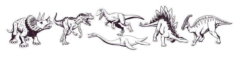 desenho à mão de um grupo de dinossauros bonitos dos desenhos animados para impressão em camisetas, canecas, bolsas e desenhos. ilustração vetorial. vetor