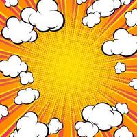modelo de banner pop art em fundo quadrado format.orange com nuvens e raios radiais, luz do sol. para a apresentação de novos itens. ilustração vetorial. vetor