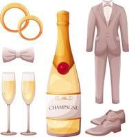 conjunto de casamento, itens do noivo. terno de casamento, gravata borboleta, sapatos, alianças, garrafa de champanhe e copos vetor