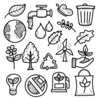 conjunto de ilustrações de doodle de ecologia com design bonito isolado no fundo branco vetor
