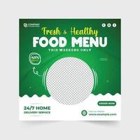 design de postagem de mídia social de menu de comida fresca e saudável para os restaurantes. design de modelo de desconto de menu de comida com cores verdes e brancas. vetor de modelo de promoção de negócios de alimentos online.