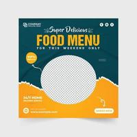 design de modelo de menu de comida super deliciosa com cores amarelas e azuis escuras. vetor de modelo de anúncio de negócios de restaurante com efeito de pincel abstrato. design de pôster de oferta de desconto de menu de comida.