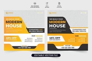 vetor de post de mídia social de serviço de construção e trabalhador braçal com cores amarelas e escuras. design de modelo promocional de negócios domésticos modernos para marketing. cartaz de negócios de construção imobiliária.