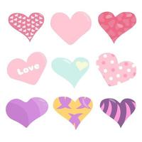 conjunto de corações com vários padrões de cores rosa, roxo e menta para amantes em vetor