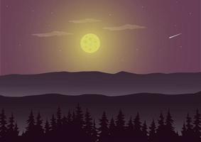 ilustração em vetor paisagem de montanha roxa. silhueta panorâmica da montanha e luar à noite.
