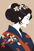 gueixa japonesa de retrato em quimono, mulher japonesa em ornamento floral tradicional vetor