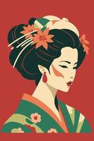 gueixa japonesa de retrato em quimono, mulher japonesa em ornamento floral tradicional vetor