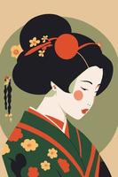 gueixa japonesa de retrato em quimono, mulher japonesa em ornamento floral tradicional vetor