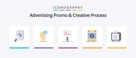 promoção de publicidade e processo criativo flat 5 icon pack incluindo processo. rascunho. idéia. promo. propaganda. design de ícones criativos vetor