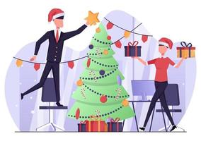 empresários no escritório decorando a árvore de natal, ano novo e atmosfera natalina vetor