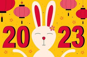ano Novo Chinês. inscrição 2023 com coelho, lanternas chinesas, moedas e flores vetor