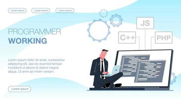 programador trabalhando. o programador trabalha no computador. um homem está sentado com um laptop, o monitor mostra janelas com código de programa. ilustração em vetor plana.