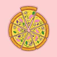 pizza fatiada com linguiça, presunto, presunto, pimentão, cebola, manjericão, cogumelos, azeitonas e queijo. ilustração em vetor plana.