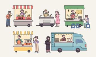 comida de rua coreana. food trucks e food cards. taiyaki, iogurte, tteokbokki, cachorro-quente, café. vetor