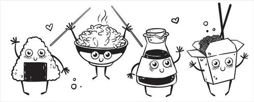 desenho vetorial no estilo doodle. lindo conjunto de personagens sobre o tema da culinária asiática. onigiri, arroz, macarrão chinês, molho de soja. comida japonesa vetor